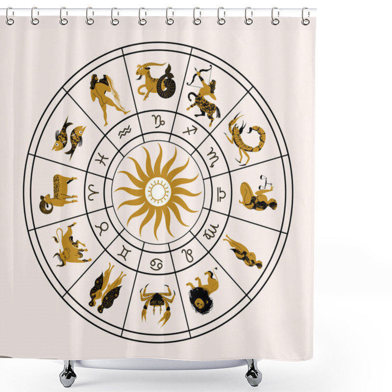 Personality  Horoscope And Astrology. Horoscope Wheel With The Twelve Signs Of The Zodiac. Zodiacal Circle. Zodiac Signs Aries, Taurus, Gemini, Cancer, Leo, Virgo, Libra, Scorpio, Sagittarius, Capricorn, Aquarius, Pisces. Vector Illustration. Shower Curtains