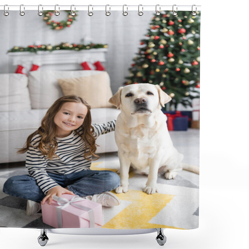 Personality  Kid Holding Gift Box And Petting Labrador During New Year At Home  Shower Curtains