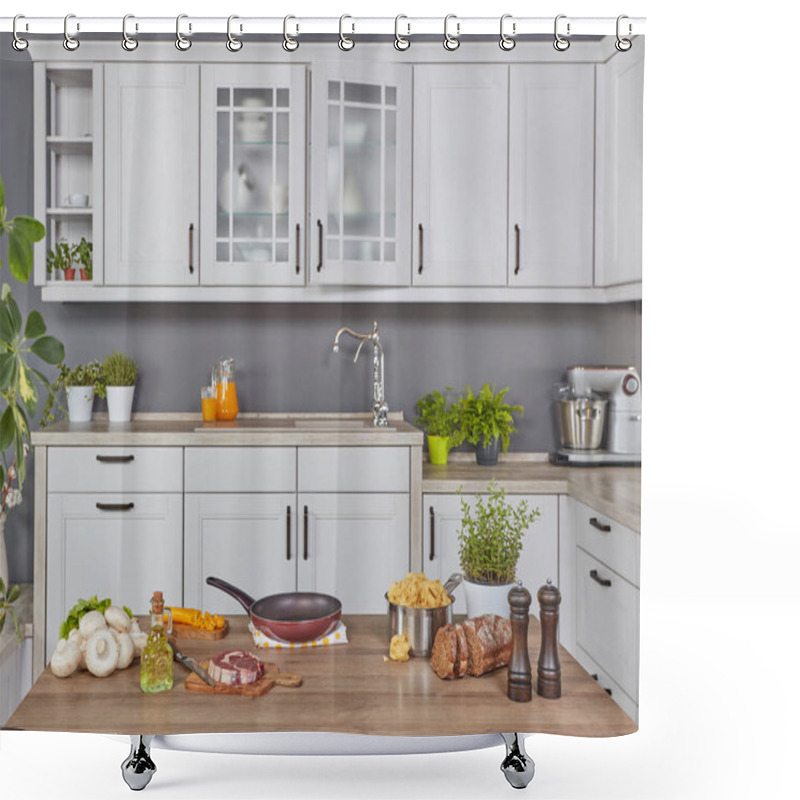 Personality  Front View Of A Cooking Counter Top In A Modern Kitchen Shower Curtains