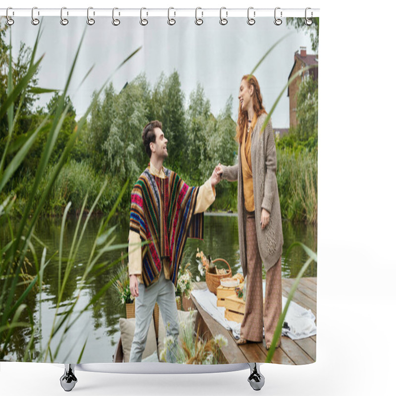 Personality  A Man And A Woman In Boho Style Clothes Stand On A Dock, Enjoying A Serene Moment By The Water In A Green Park Setting. Shower Curtains