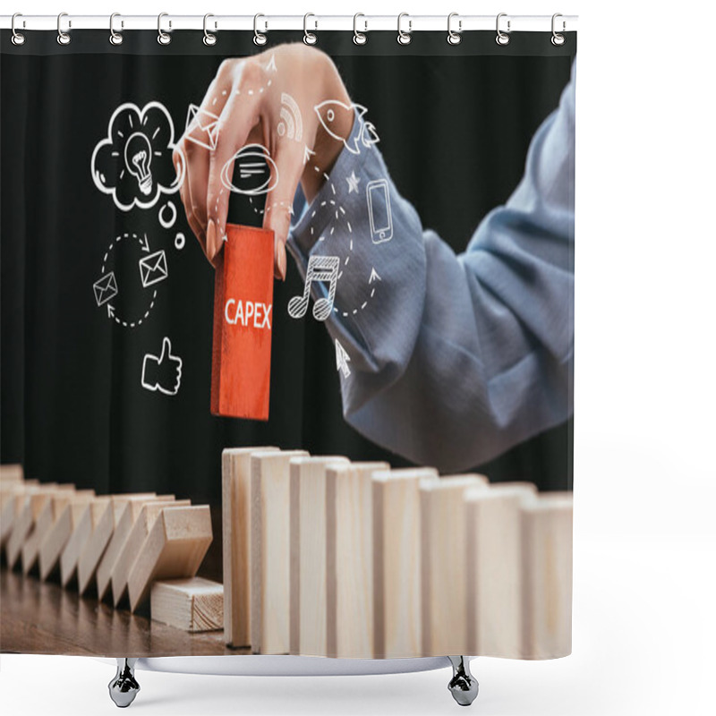 Personality  Cropped View Of Woman Picking Red Block With Word 'capex' Out Of Wooden Bricks, Icons On Foreground Shower Curtains