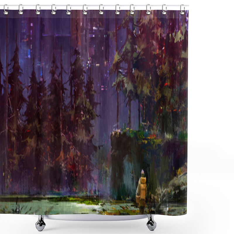 Personality  Drawn Cyberpunk Fantasy Night Landscape With A Traveler In The Forest Shower Curtains