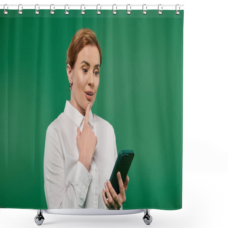 Personality  A Confident Woman Dressed In Formal Wear Thoughtfully Engages With Her Smartphone, Set Against A Vivid Green Backdrop. Shower Curtains