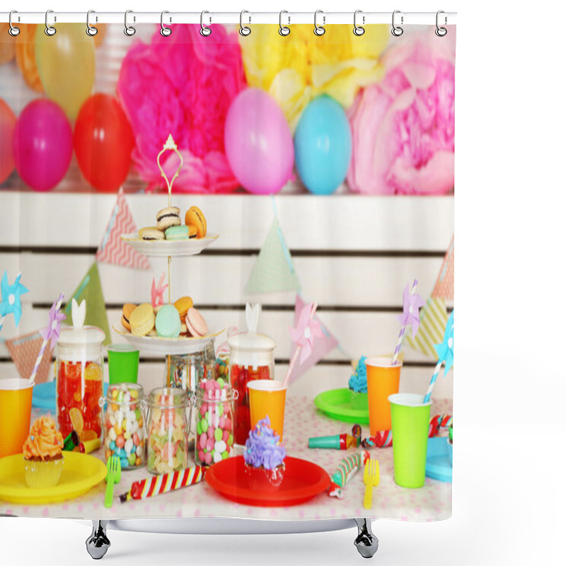 Personality  Prepared Birthday Table With Sweets For Children Party Shower Curtains