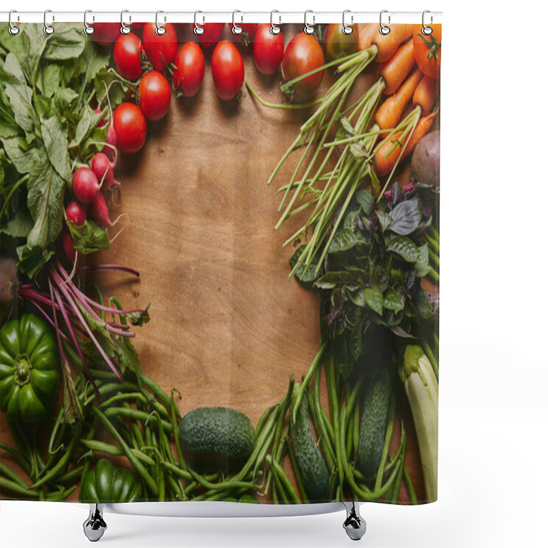 Personality  Frame Of Healthy Green And Red Vegetables On Wooden Table Shower Curtains