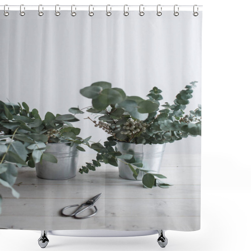 Personality  Eucalyptus Branches In Buckets On A Wooden Table Shower Curtains