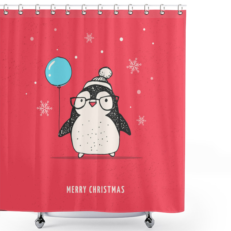 Personality  Cute Penguin With Balloon - Merry Xmas Shower Curtains