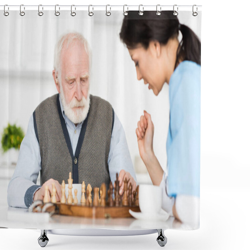 Personality  Selective Focus On Retired Man Sitting On Kitchen, And Playing In Chess With Nurse Shower Curtains