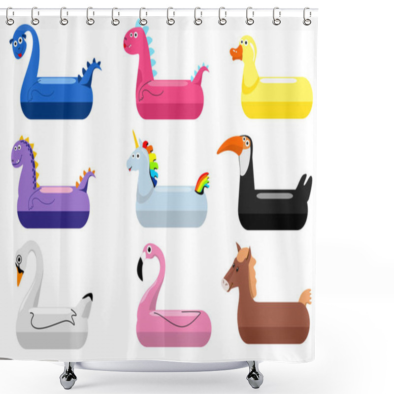 Personality  Animals Pool Float Rings. Kids Swimming Rings With Animal Heads. Baby Water Floating Duck And Flamingo, Dinosaurs, Swans, Unicorns Lifebuoys, Children Cartoon Sea Party Toys, Vector Illustration Shower Curtains