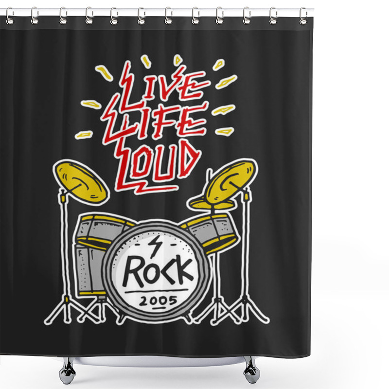 Personality  Rock And Roll Music Symbols With Guitar Wings Skull, Drums Plectrum. Labels, Logos. Heavy Metal Templates For Design T-shirt, Night Party And Festival. Hand Drawn. Engraved Sketch. Shower Curtains