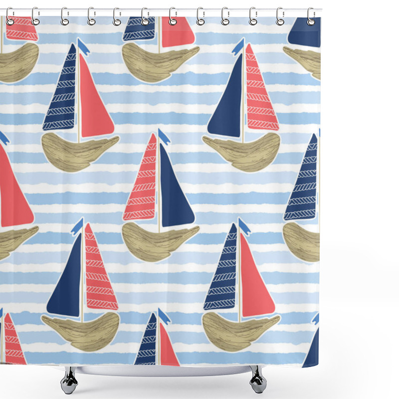 Personality  Cute Driftwood Sailboat On The Blue Ocean Sea Pattern. Marine Water Stripes Seamless Vector Background. Sailing Vessel For Nautical All Over Prints, Cruise Fashion Textiles, Beach Vacation Travel Fun. Shower Curtains