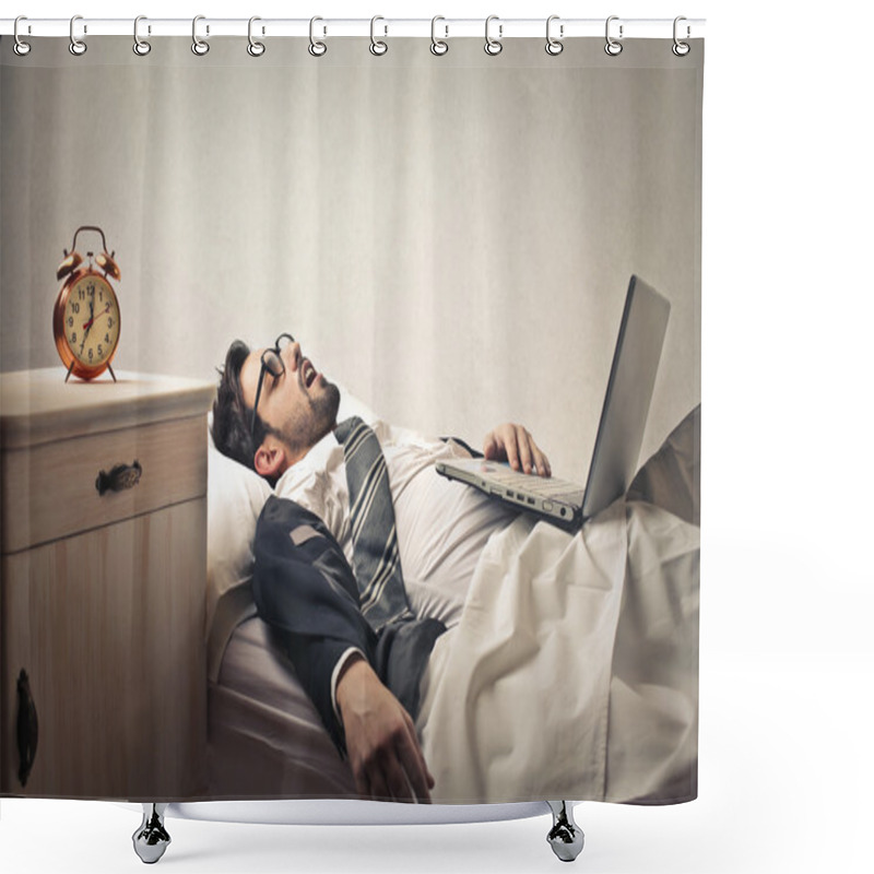 Personality  Businessman Sleeping Into Bed With His Laptop Shower Curtains