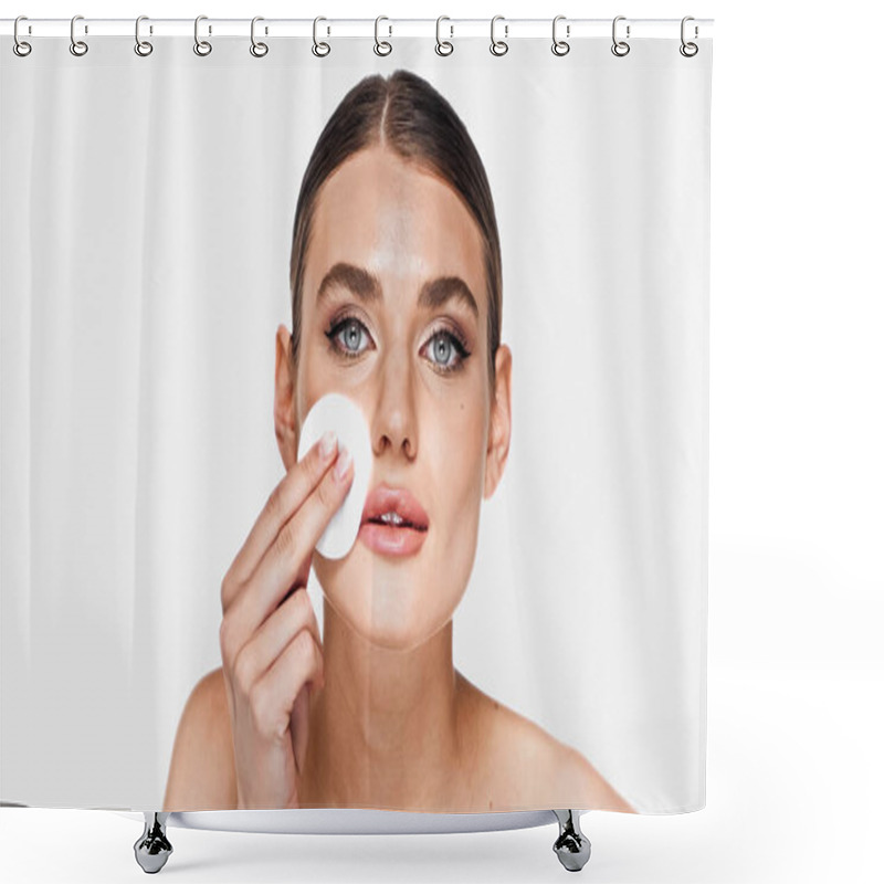 Personality  Young Woman Removing Makeup With Soft Cotton Pad Isolated On White Shower Curtains