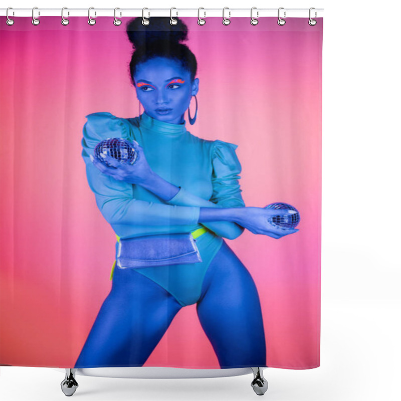 Personality  Stylish African American Woman With Neon Eyeliner Holding Disco Balls On Pink Background Shower Curtains