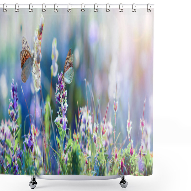 Personality  Wild Flowers And Grass Closeup, Horizontal Panorama Photo Shower Curtains