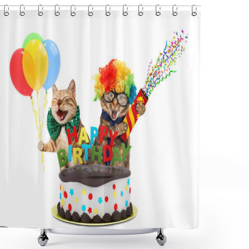 Personality  Funny Cats With Petard And Birthday Cake. They Are Wearing Festive Clothes, Isolated On White Background. Shower Curtains