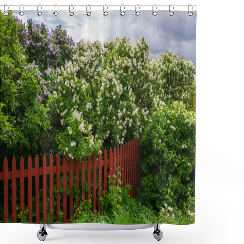 Personality  Garden Fence With Flowering Trees Shower Curtains