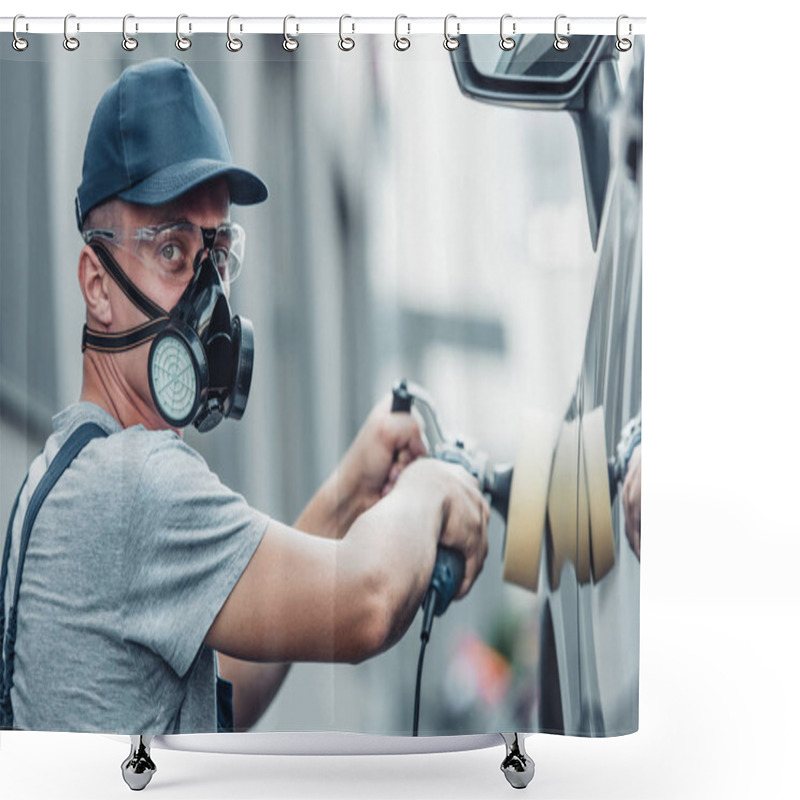 Personality  Young Car Cleaner In Respirator And Protective Glasses Polishing Car With Polish Machine Shower Curtains