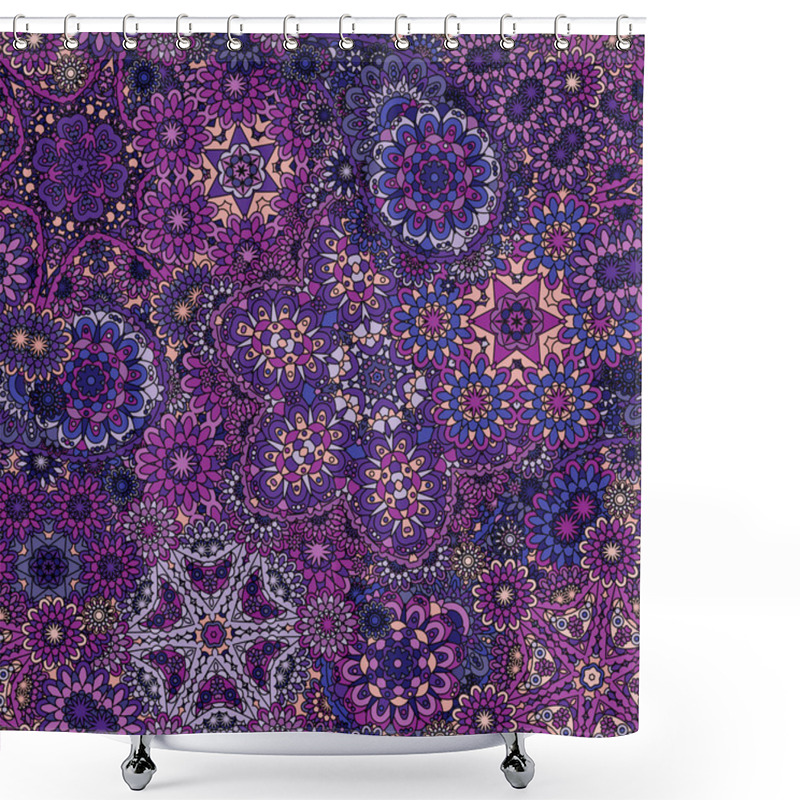 Personality  Seamless Asian Ethnic Floral Retro Doodle Violet Lilac Blue Background Pattern In Vector. Henna Paisley Mehndi Doodles Design Tribal Pattern. Shower Curtains