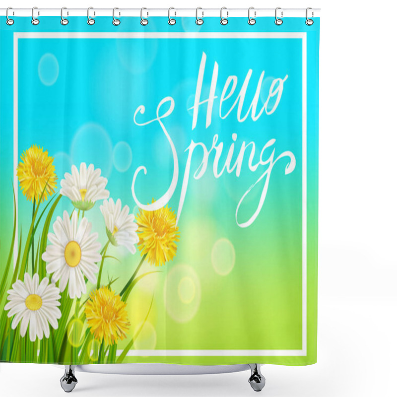 Personality  Spring Daisies, Chamomiles Dandelions Juicy Green Lettering Spring Grass Background Template For Banners, Web, Flyer. Vector Illustration Isolated. Shower Curtains