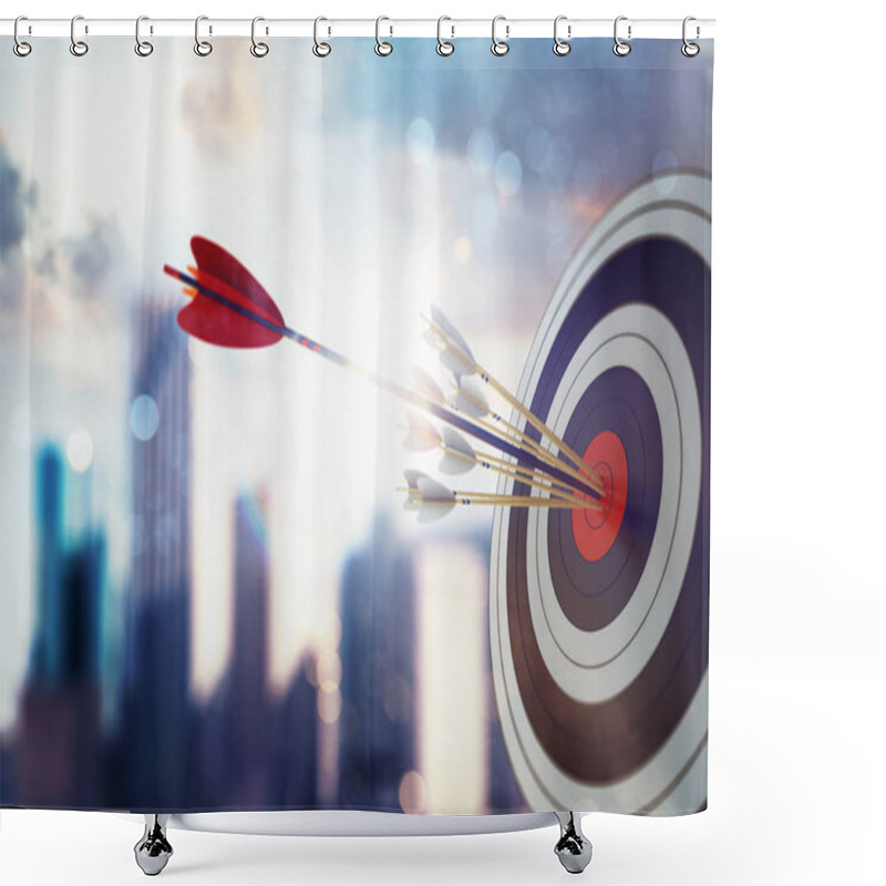 Personality  Arrow Hit The Center Of Target With Modern Skyscraper Background. Business Target Achievement Concept. 3D Rendering Shower Curtains