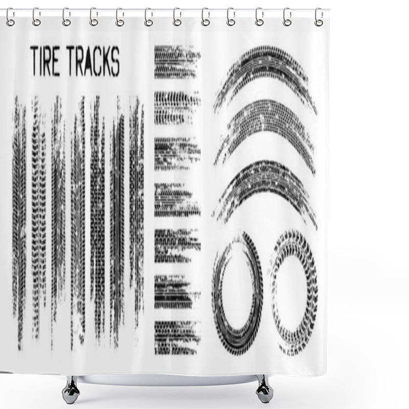 Personality  Grunge Tire Tracks, Wheel Braking Marks. Truck, Car Or Motorcycle Tread Pattern Silhouettes. Auto Race, Motorsport, Speed Racing Design Element. Vector Illustration. Shower Curtains