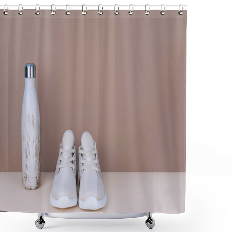 Personality  Shot Of Golden Sneakers On Beige Background. Stylish Healthy Lifestyle Concept. Shower Curtains