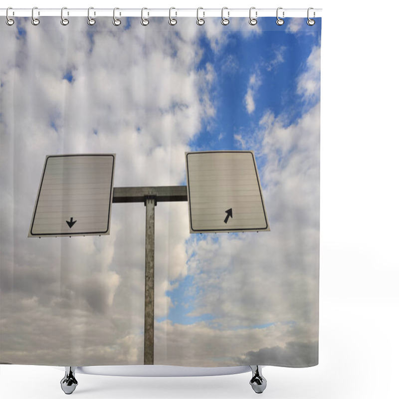 Personality  Dual Perspectives: Blank Signs With Opposing Arrows Under A Cloudy Sky Representing The Metaphor Of Lifes Choices, Uncertainty, And The Challenge Of Navigating Between Conflicting Directions. Shower Curtains