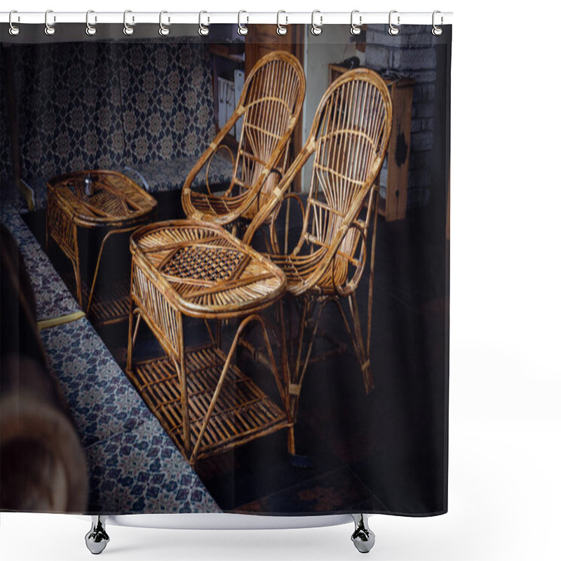 Personality  A Rattan Wood Dining Set With A Bamboo Look, Featuring Chairs And A Table In A Vintage-style Home In Uttarakhand, India. Shower Curtains