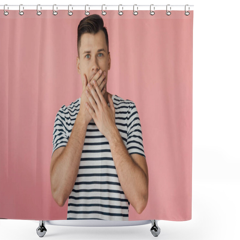 Personality  Front View Of Shocked Young Man In Striped T-shirt Covering Mouth With Hands Isolated On Pink Shower Curtains