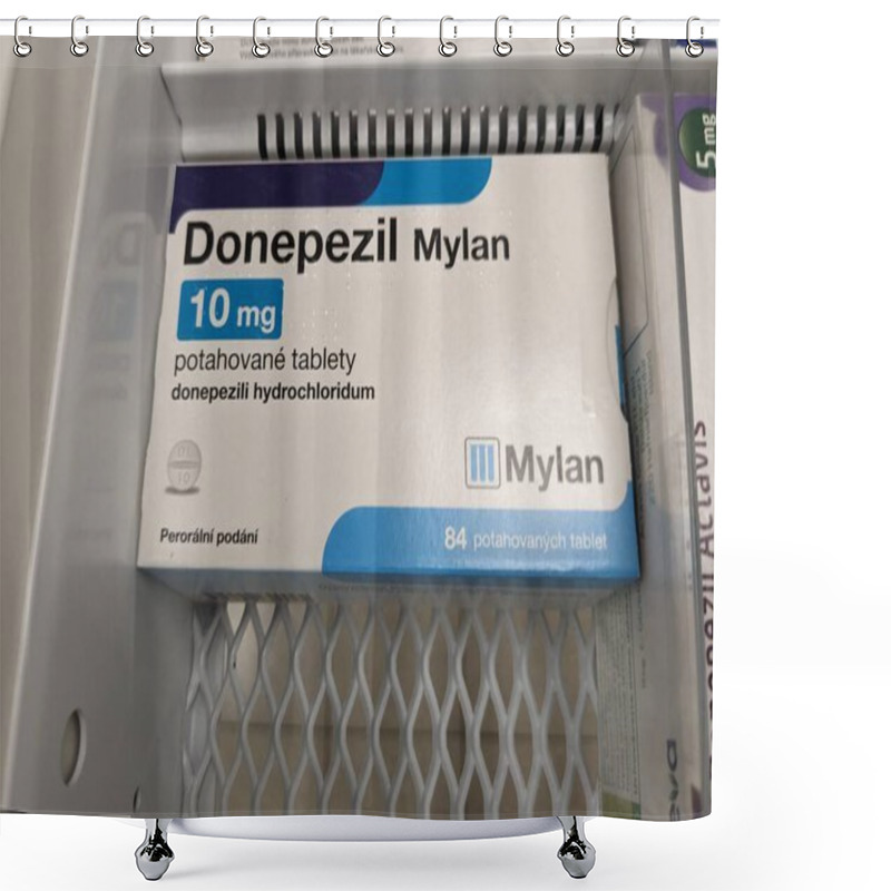 Personality  Prague, Czech Republic - July 10 2024: DONEPEZIL MYLAN Box Of Medication With DONEPEZIL Active Substance By MYLAN, Used For Treatment Of Alzheimer's Disease And Dementia. Shower Curtains