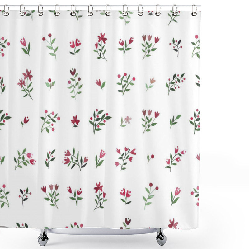 Personality  Watercolor Floral Ornamental Pattern. Seamless Pattern With Red And Green Flowers On White Background.  Shower Curtains