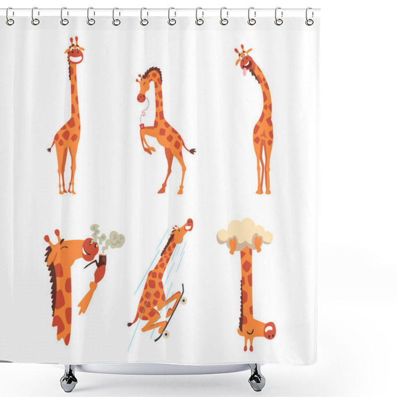 Personality  Crazy Giraffe Activities Set. Funny African Animal Character Drinking Soda, Smoking Pipe, Skateboarding Cartoon Vector Illustration Isolated On White Shower Curtains