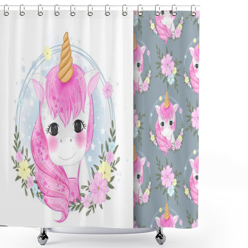 Personality  Cute Unicorn Portrait With Flower Illustrations And Seamless Patterns Shower Curtains