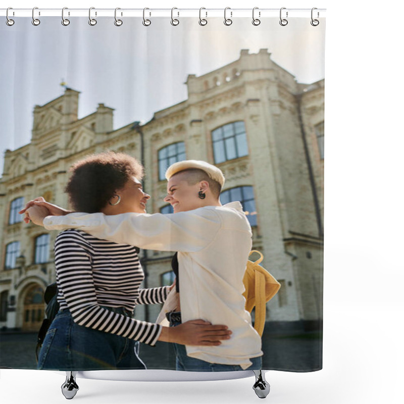 Personality  Two Young Women Of Different Ethnicities Hug Warmly In Front Of A Stunning Architectural Backdrop, Symbolizing Connection And Friendship. Shower Curtains