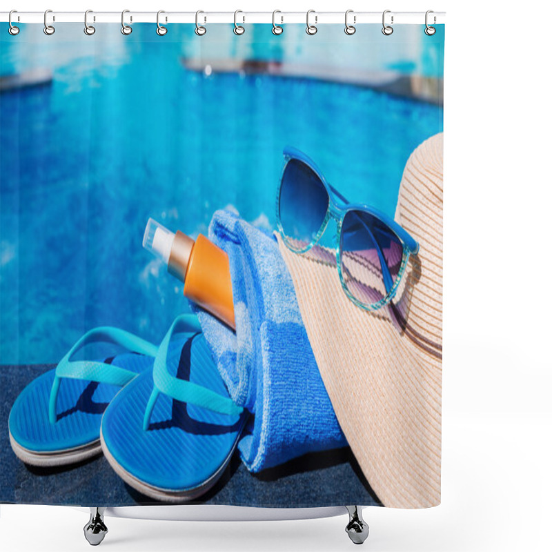 Personality  Blue Slippers With Sunscreen Cream, Towel, Straw Hat And Sunglas Shower Curtains