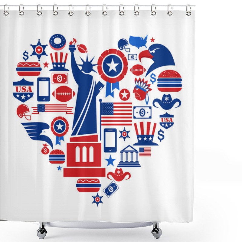 Personality  America Love - Heart Shape With Many Vector Icons Shower Curtains