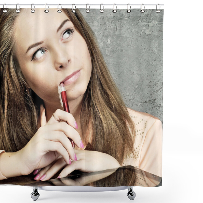 Personality  Young Girl With A Pen Shower Curtains