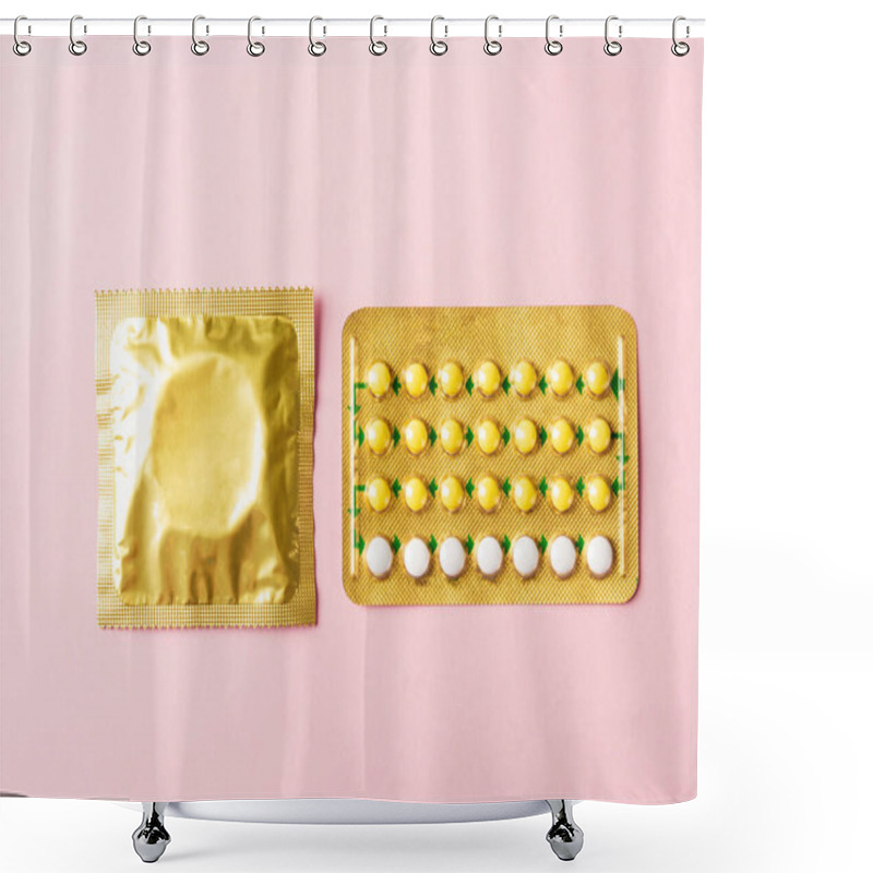 Personality  World Sexual Health Or Aids Day, Condom In Wrapper Pack And Contraceptive Pills Blister Hormonal Birth Control Pills, Studio Shot Isolated On A Pink Background, Safe Sex And Reproductive Health Concept Shower Curtains