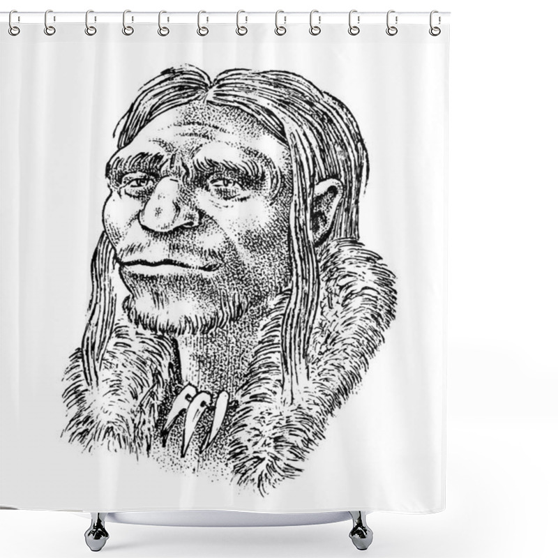 Personality  Primitive People. Prehistoric Period, Ancient Tribe, Cave Barbarian Man. Hand Drawn Sketch. Engraved Monochrome Illustration. Shower Curtains