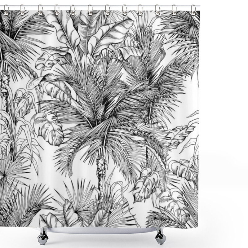 Personality  Black And White Seamless Pattern With Sketchy Tropical Palm Foliage. Shower Curtains