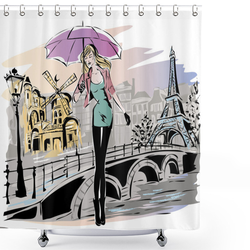 Personality  Fashion Girl Rainy Day In Paris Shower Curtains