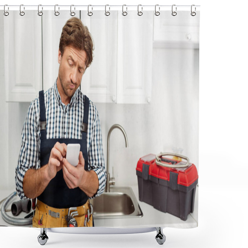 Personality  Pensive Plumber Using Smartphone Near Toolbox And Sink In Kitchen  Shower Curtains