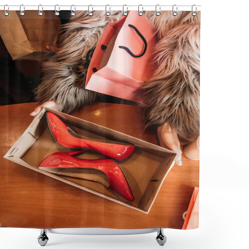 Personality  Cropped Shot Of Stylish Woman In Fur Coat Holding Box With Trendy Red High Heeled Shoes Shower Curtains