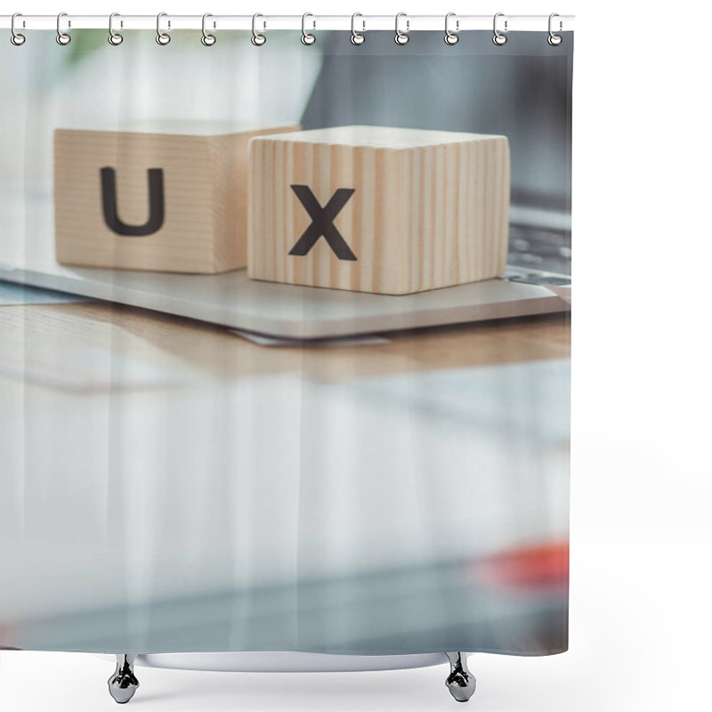 Personality  Selective Focus Of Wooden Cubes With Ux Letters On Laptop On Table Shower Curtains