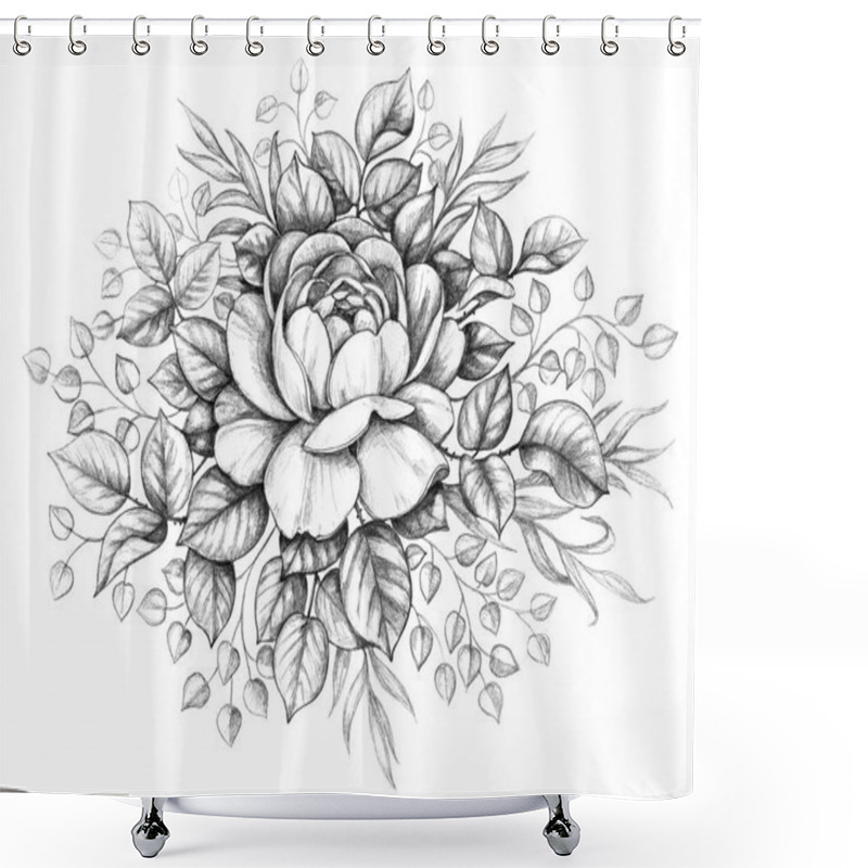 Personality  Hand Drawn Floral Composition With Rose Flower, Leaves And Curls Isolated On White Background. Monochrome Illustration In Vintage Style. Pencil Drawing Romantic Tattoo Design, Floral Decoration.   Shower Curtains