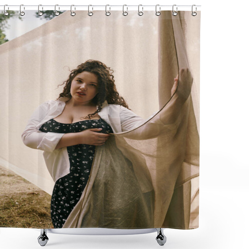 Personality  A Plus Size Woman Stands In A Serene Field, Draped In Soft Fabric, Embodying Confidence And Beauty. Shower Curtains