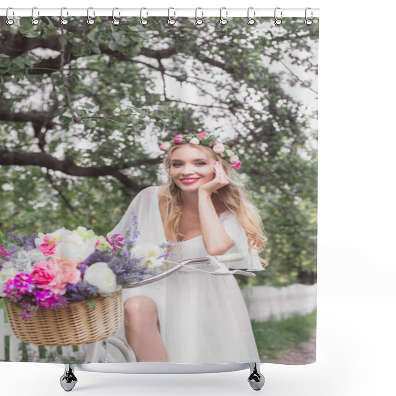 Personality  Beautiful Young Bride Riding Bicycle With Flower Basket And Smiling At Camera  Shower Curtains