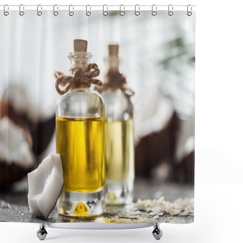 Personality  Selective Focus Of Bottles With Coconut Oil Near Coconut Piece And Shavings Shower Curtains