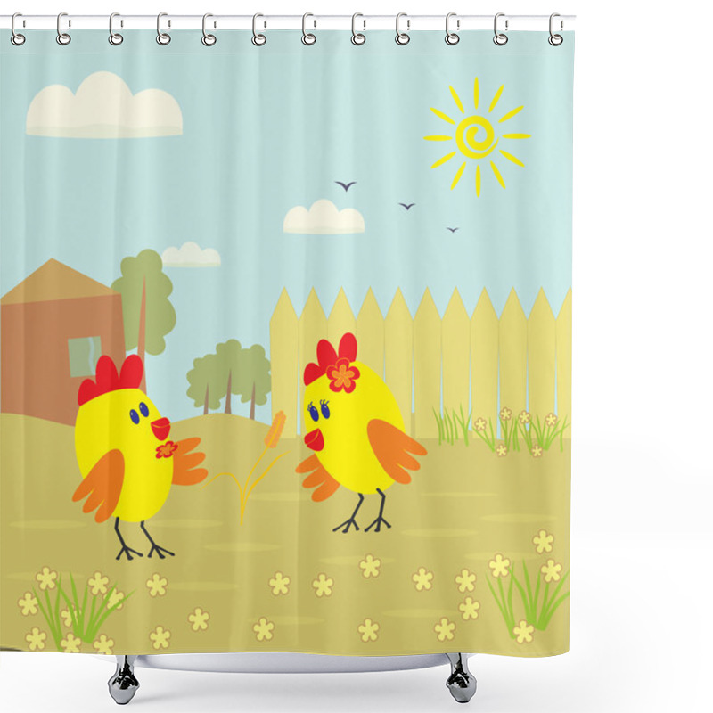 Personality  Two Little Chicken And A Spica Wheat On A Village Yard Shower Curtains